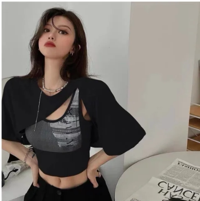 甜酷y2k辣妹短款背心罩衫kpop女团爵士跳舞jazz两件套短袖上衣服