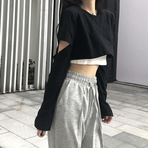 假两件短款露脐长袖上衣女潮帅气