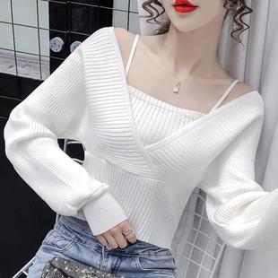 直播衣服女主播服装上镜性感一字领露肩吊带上衣短款露脐针织衫秋