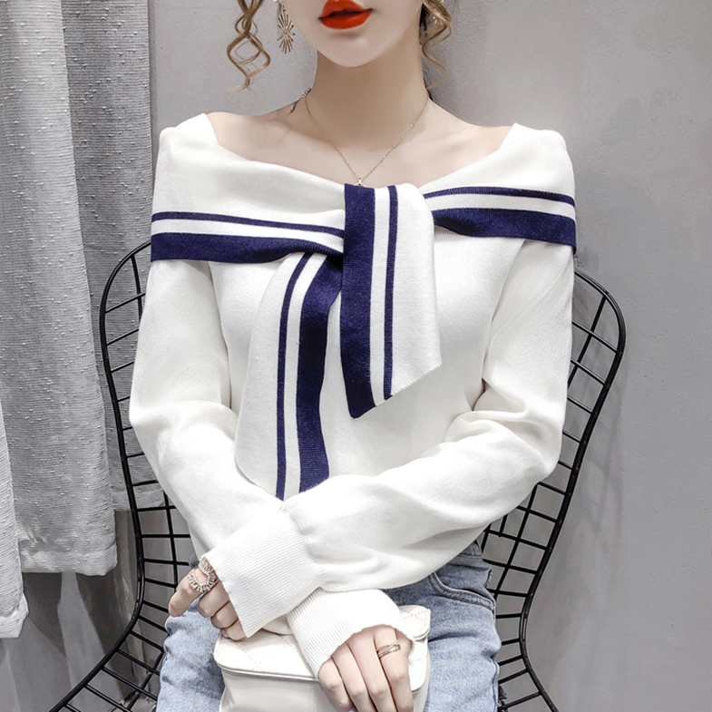 性感一字领短款针织衫长袖上衣