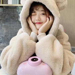 初中生仿兔毛皮草外套女秋冬学生少女宽松韩版羊羔绒加厚连帽大衣