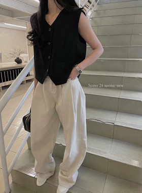 SAINA白色牛仔裤女直筒宽松2024年春季新款米白阔腿老爹裤子潮女