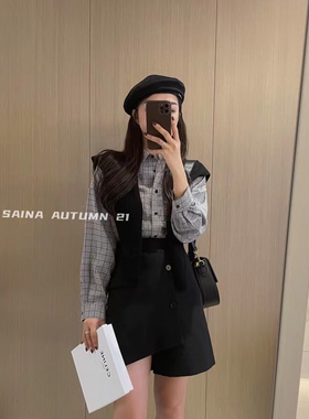 特价不退换！SAINA格子纹衬衣+不规则短半裙三件套装显瘦小个子
