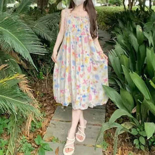 设计感 显瘦花苞连衣裙甜美温柔风碎花吊带裙春夏女夏防晒针织开衫