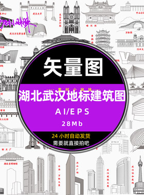 湖北武汉旅游城市建筑线稿描剪影古德寺火车站大学大桥ai矢量素材