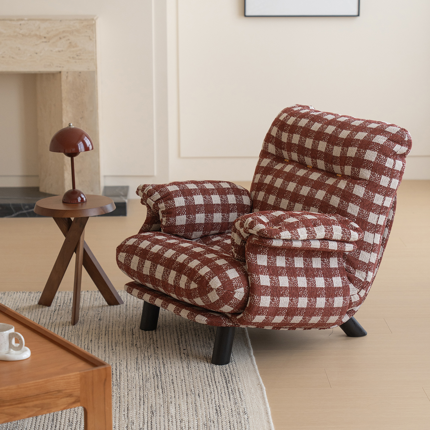 美之趣 红色格子复古风沙发椅单人沙发休息椅子慵懒中古风小沙发