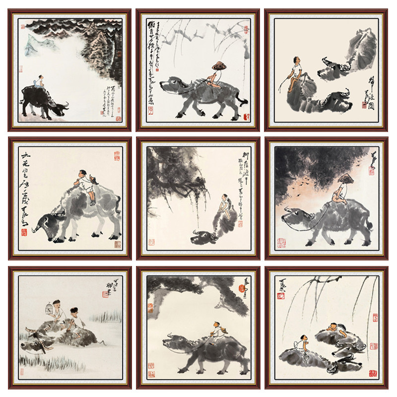 李可染水墨方形国画装饰画牧童骑牛图贴画新中式客厅茶室禅意画芯