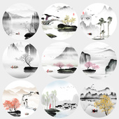 新中式 饰画山水画客厅背景墙面壁画入户正对门风景贴画 圆形玄关装