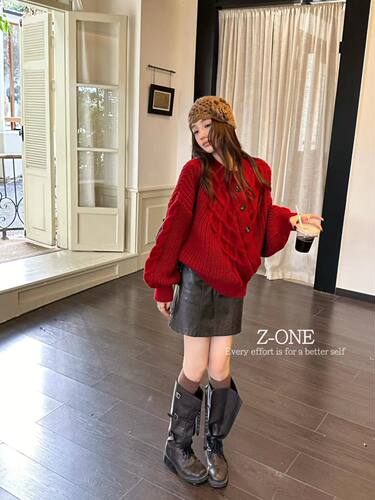 Z-ONE韩式慵懒斜扣麻花款式针织开衫女秋冬高级百搭显瘦毛衣上衣