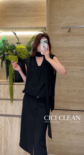 CICI CLEAN夏季雾感醋酸显瘦飘带真两件小衫女无袖v领简约上衣潮
