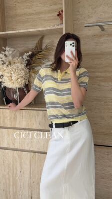 CICI CLEAN十三行polo领亚麻针织短袖T恤女26夏季显瘦百搭上衣潮