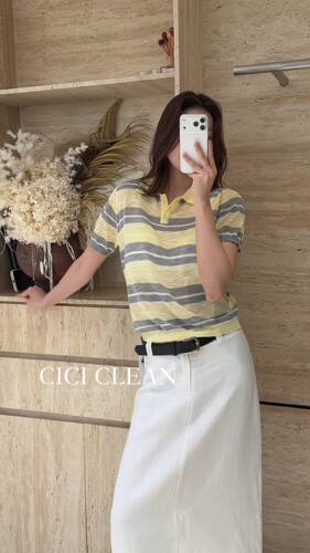 CICI CLEAN十三行polo领亚麻针织短袖T恤女26夏季显瘦百搭上衣潮