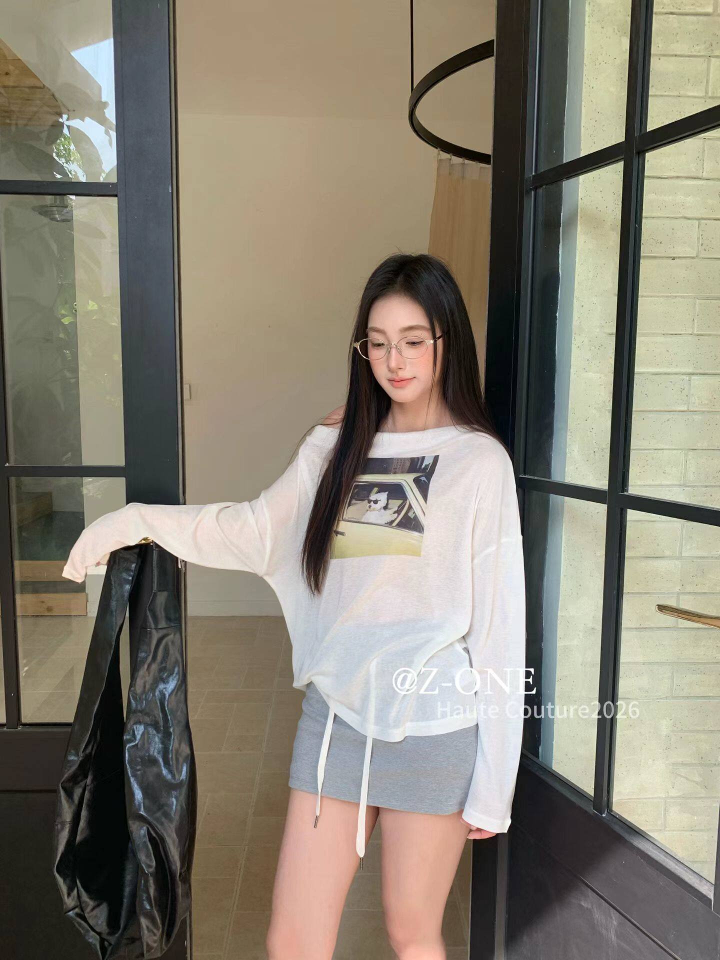 Z-ONE斜肩露肩卡通印花长袖防晒罩纱女26夏季新款显瘦百搭上衣潮