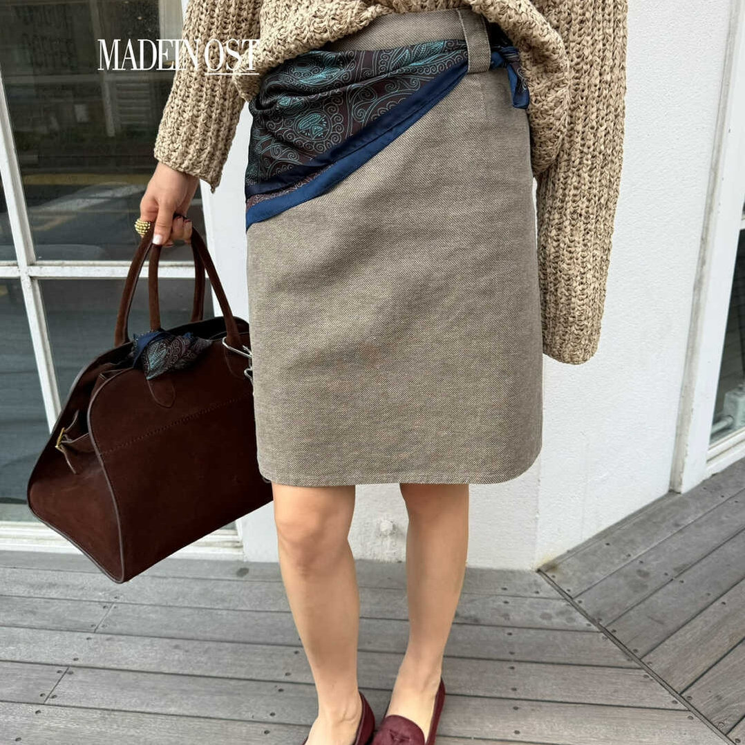 MADEIN OST十三行复古斜纹丝巾腰半身裙女2025秋冬百搭显瘦短裙子