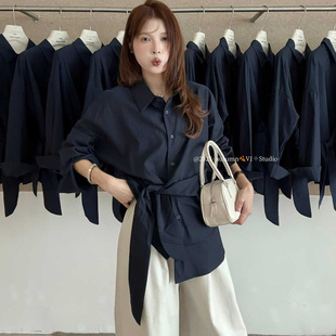 VI+十三行2025秋新款韩系简约宽松衬衫女不规则侧边系带收腰上衣