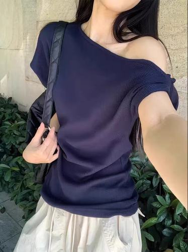 SYC斜肩露肩独特上衣设计感女轻奢高级感扭结绝美漂亮t恤短袖夏季