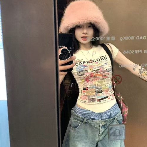 十三行美式涂鸦印花短袖T恤女2025夏季syc新款纯欲辣妹百搭上衣