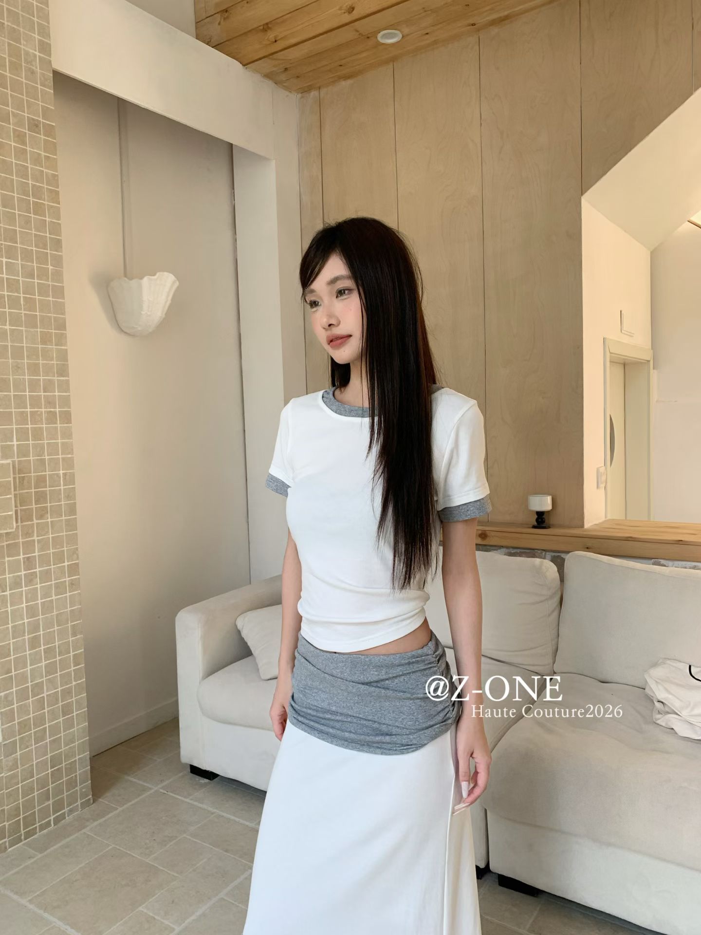 清仓出 Z-ONE撞色圆领正肩短袖T恤+高腰显瘦包臀半裙两件套装女