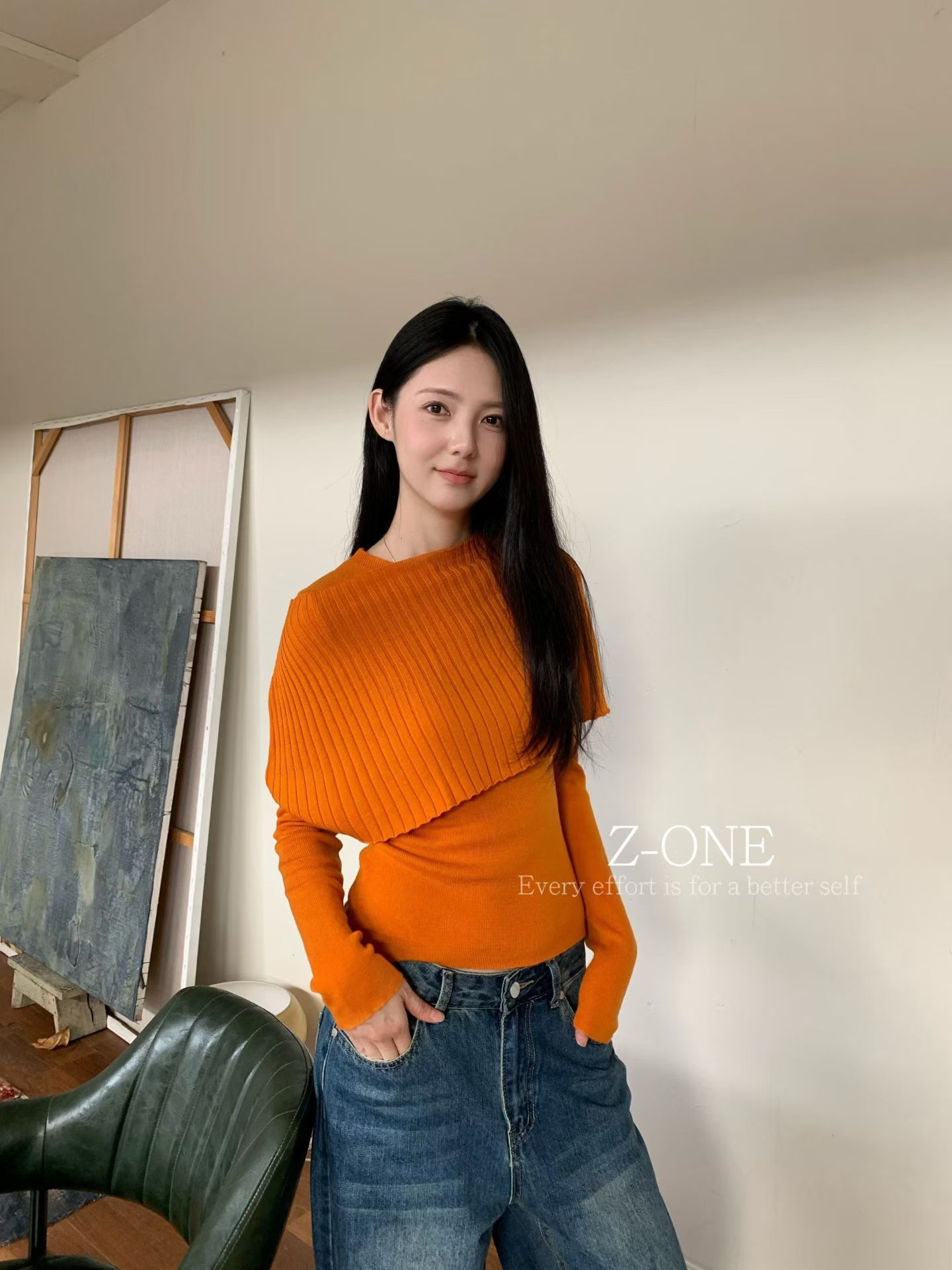 Z-ONE高级感披肩式假两件针织上衣女秋冬新款竖坑条修身显瘦小衫