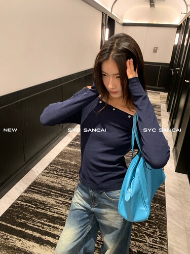 SYC十三行2026春夏辣妹风螺纹斜肩显瘦修身长袖T恤女气质百搭上衣