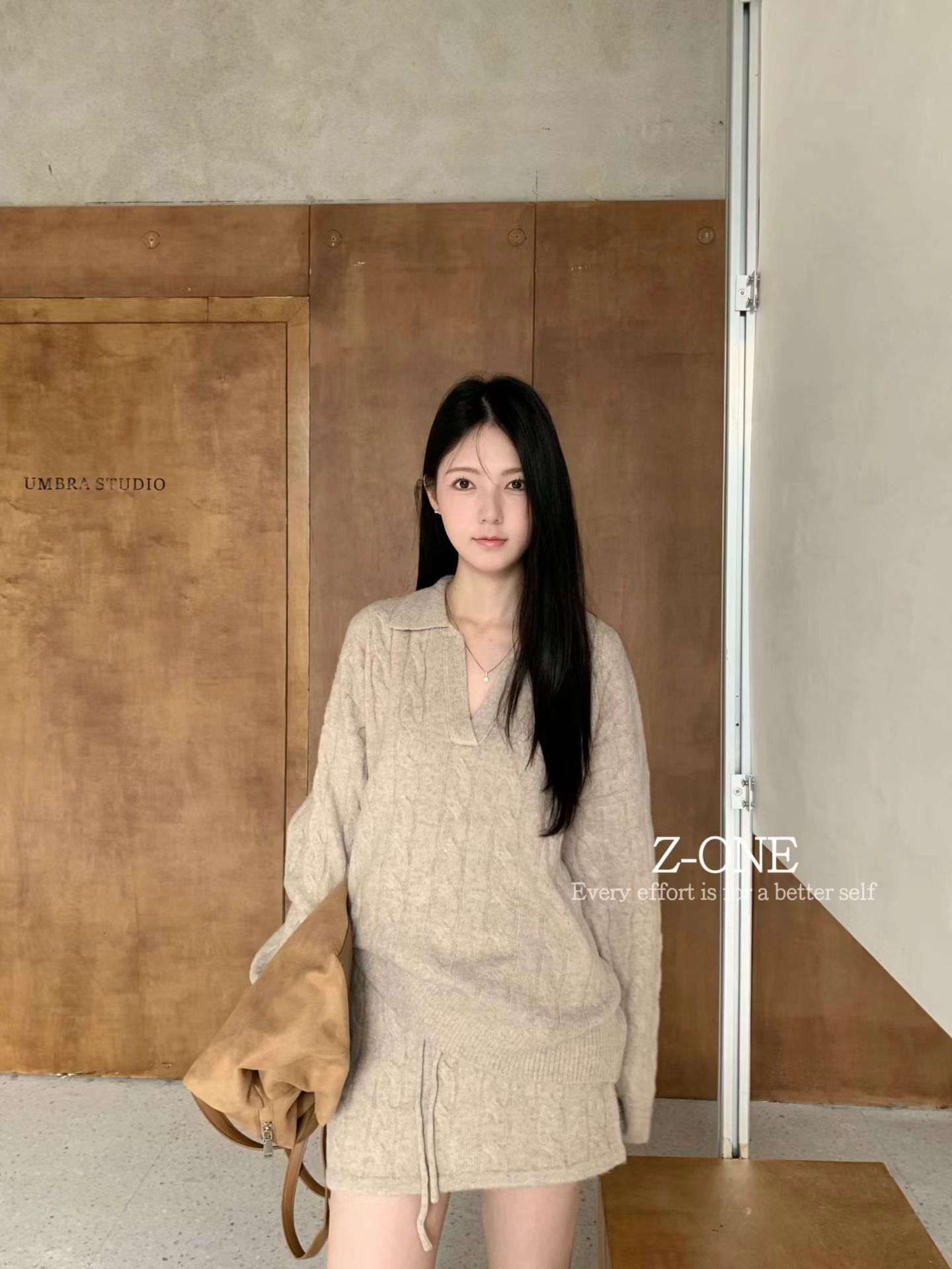 Z-ONE韩式学院风翻领麻花毛衣针织衫+抽绳高腰显瘦短裙秋冬两件套