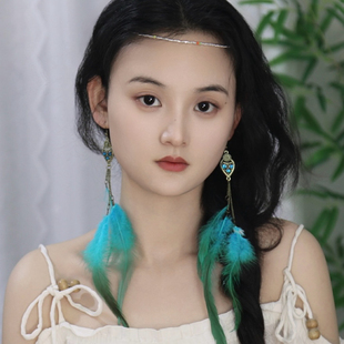 Healing girl民族风波西米亚孔雀翎蓝羽毛流苏耳环银针耳饰
