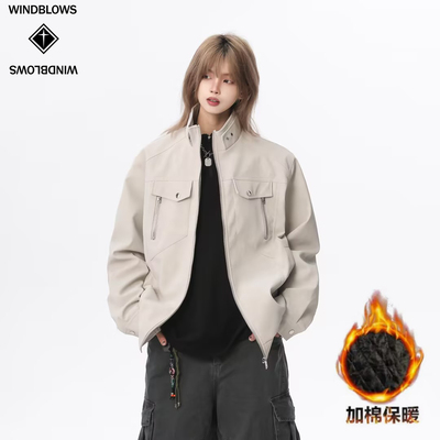 WIND BLOWS2025秋冬季加棉短款立领散口袖中性百搭PU皮夹克潮流