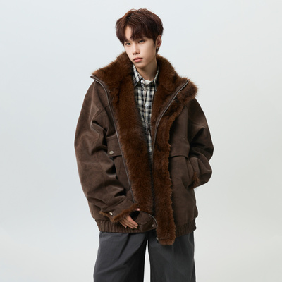 座山雕毛领PU皮棉服男女冬季设计感扎染加厚棉衣宽松休闲大码外套