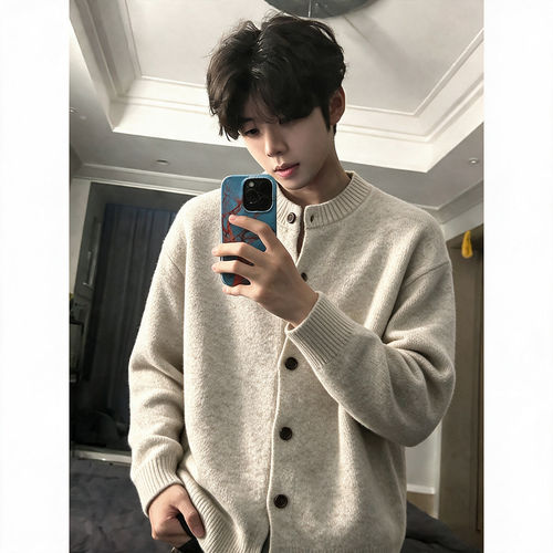 cleanfit卡其色开衫毛衣外套男秋季慵懒风圆领针织衫高级感毛线衣
