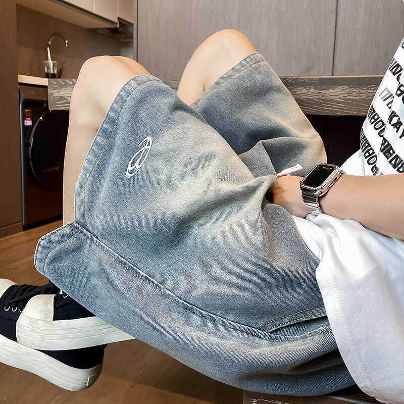 美式复古水洗直筒牛仔短裤男夏季新款松紧腰宽松阔腿高街五分中裤