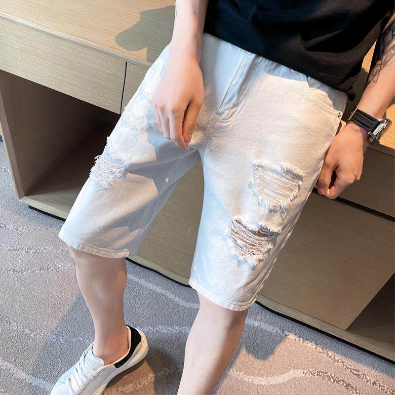 白色牛仔短裤男夏季薄款破洞五分中裤宽松时尚潮流休闲弹力5分裤