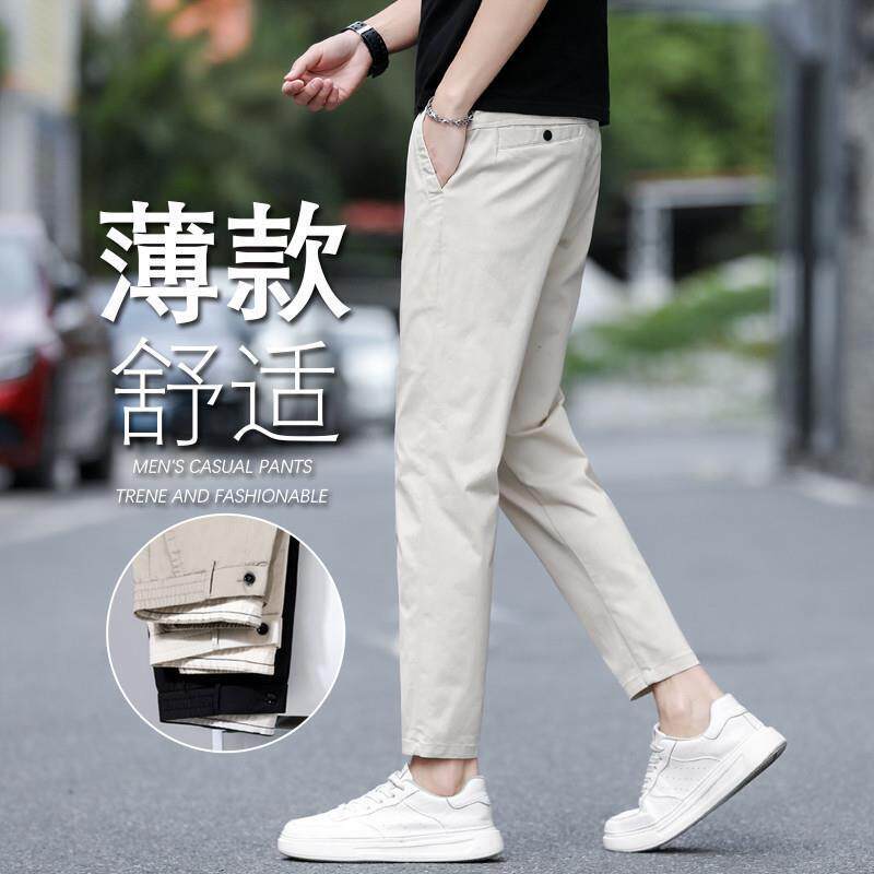 夏季新款时尚九分裤男士修身冰丝直筒薄款裤子男生宽松百搭休闲裤