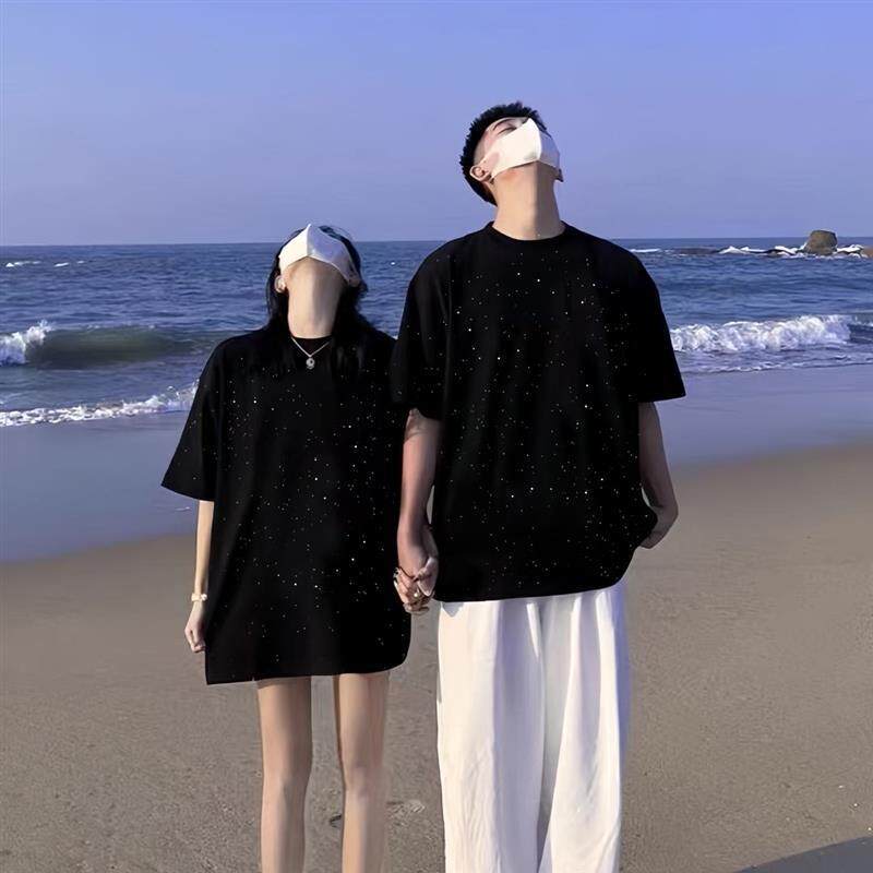 高级感黑色休闲满天星t恤男夏季情侣衣服短袖新款潮牌痞帅五分袖