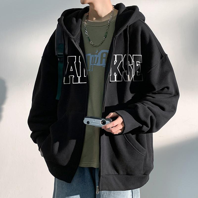 美式卫衣外套男士春秋季新款青少年连帽拉链开衫冬款加绒男生夹克