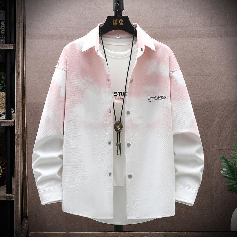 设计感洋气长袖衬衫男士粉色渐变衬衣服秋冬季新款潮牌防晒外套