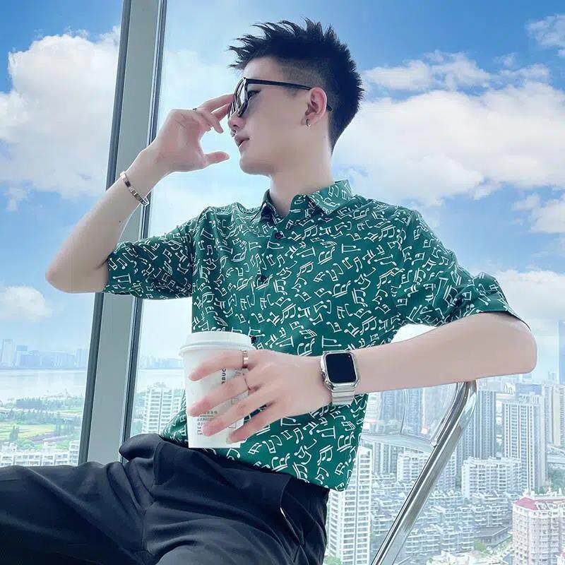 夏季男士休闲中袖衬衫时尚潮流帅气七分袖免烫抗皱五分袖青年衬衣