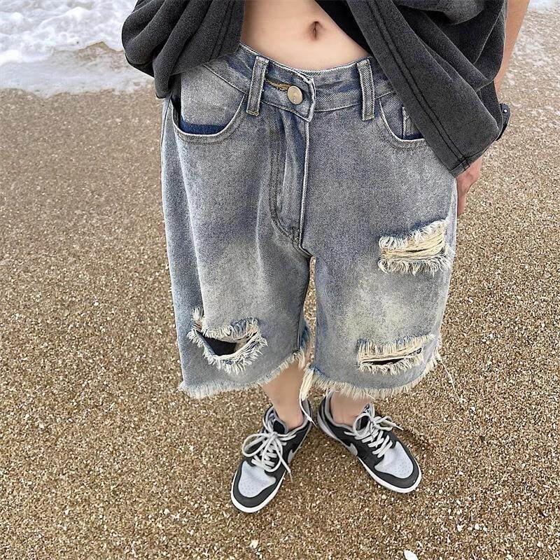 破洞复古牛仔短裤男夏季薄款宽松休闲时尚工装美式高街五分裤