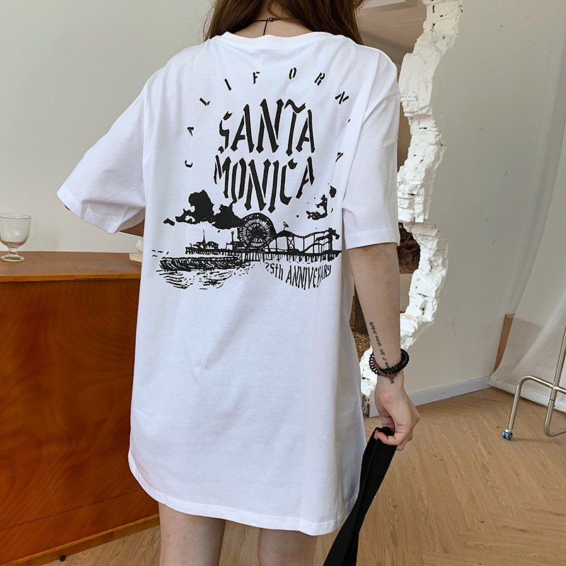 Hong Kong Style Short Sleeve T-Shirt women's loose white medium length top