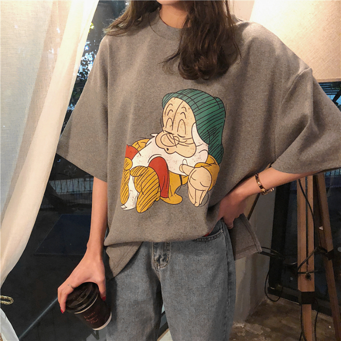 2021新款卡通印花短袖T恤女韓版寬鬆開叉半袖體恤內搭打底衫上衣