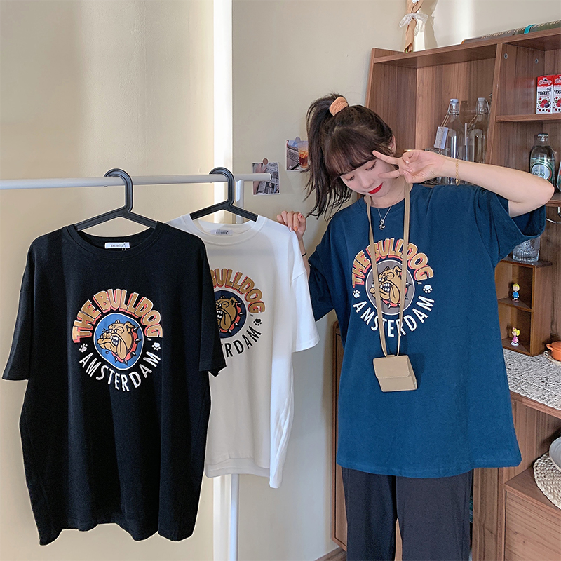 Cotton Dog Print loose short sleeve T-shirt