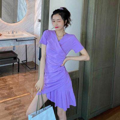 Purple dress women's summer pleated temperament collar short sleeve T-shirt skirt