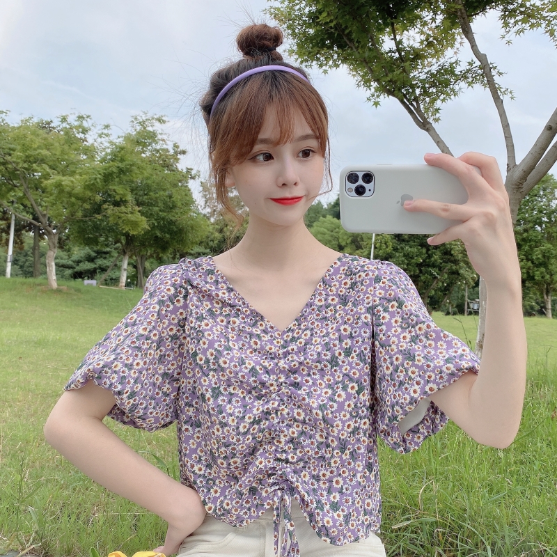 Real shot polyester French collar drawstring floral care machine Chiffon Top girl