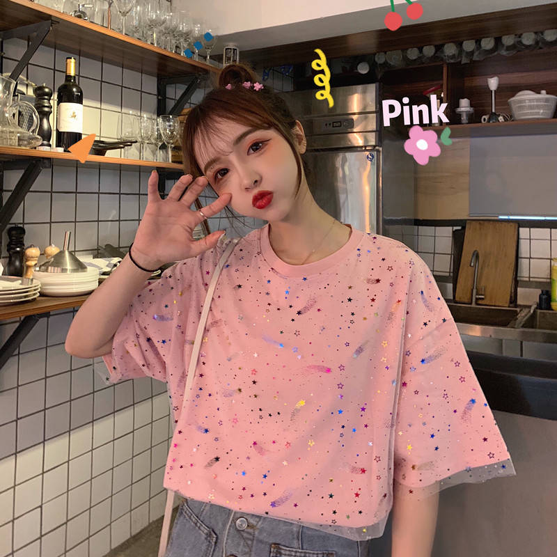 Summer new net red Korean mesh stitching T-shirt women loose short sleeve fake two versatile top fashion