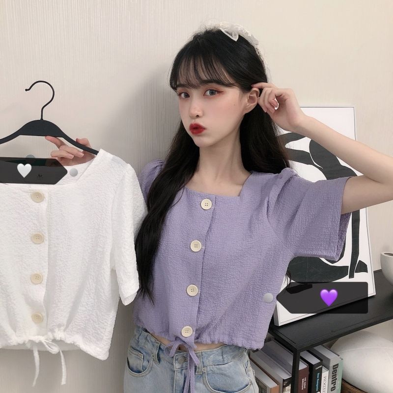 Guantu fiber square neck short sleeve shirt women's slim short T-shirt