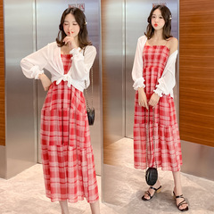 Plaid suspender Chiffon Dress New Korean summer small fresh slim mid long