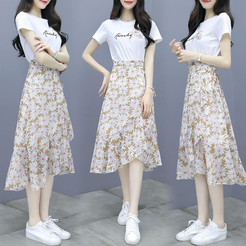 Cotton short sleeve t-shirt female 2021 new summer floral dress suit skirt female
