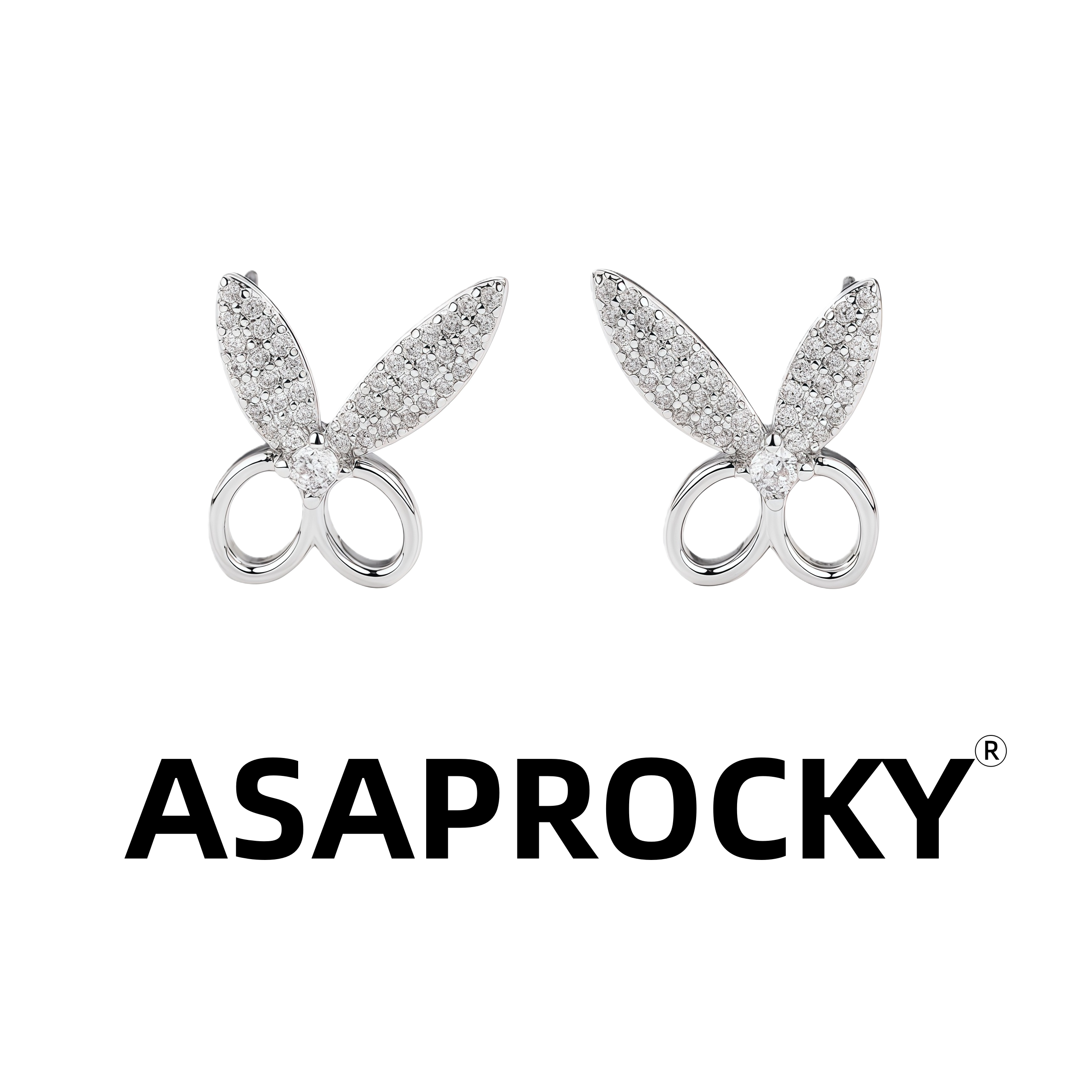 ASAPROCKY欧美兔子剪刀耳钉满钻嘻哈风小众个性轻奢男女同款简约