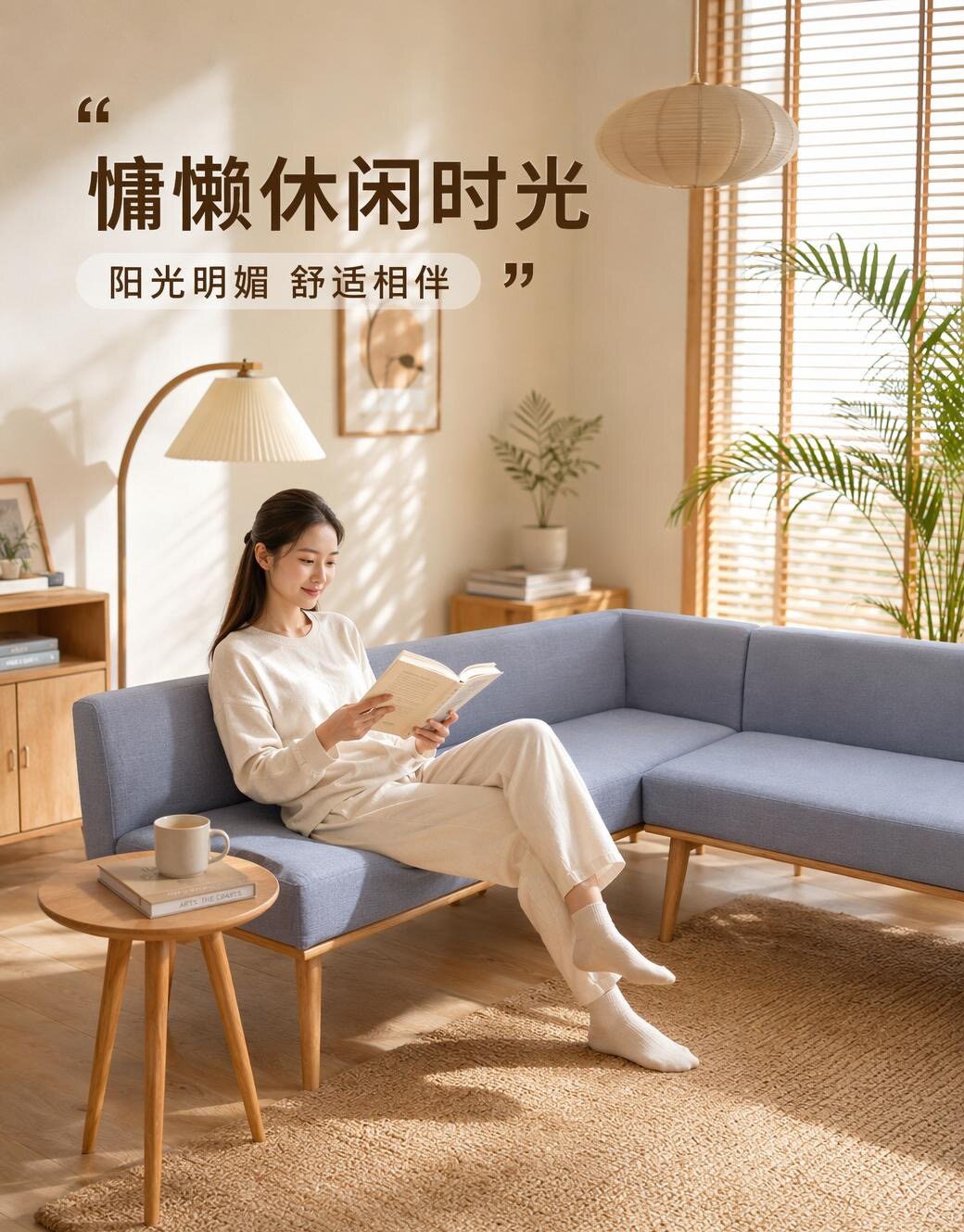 北欧风布艺沙发小户型客厅简约现代蓝色棉麻转角沙发组合
