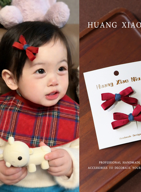 黄小妞韩版红色蝴蝶结新年发夹儿童手工布艺侧边碎发刘海夹女童