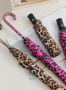 PARACHASE豹纹自动长柄伞韩国雨伞三折叠女神晴雨伞